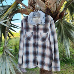 ✨ONLINE EXCLUSIVE!✨ SOLD OUT!✨ Buckle BKE Plaid Knit Hooded Shirt L-OLIVE GREEN